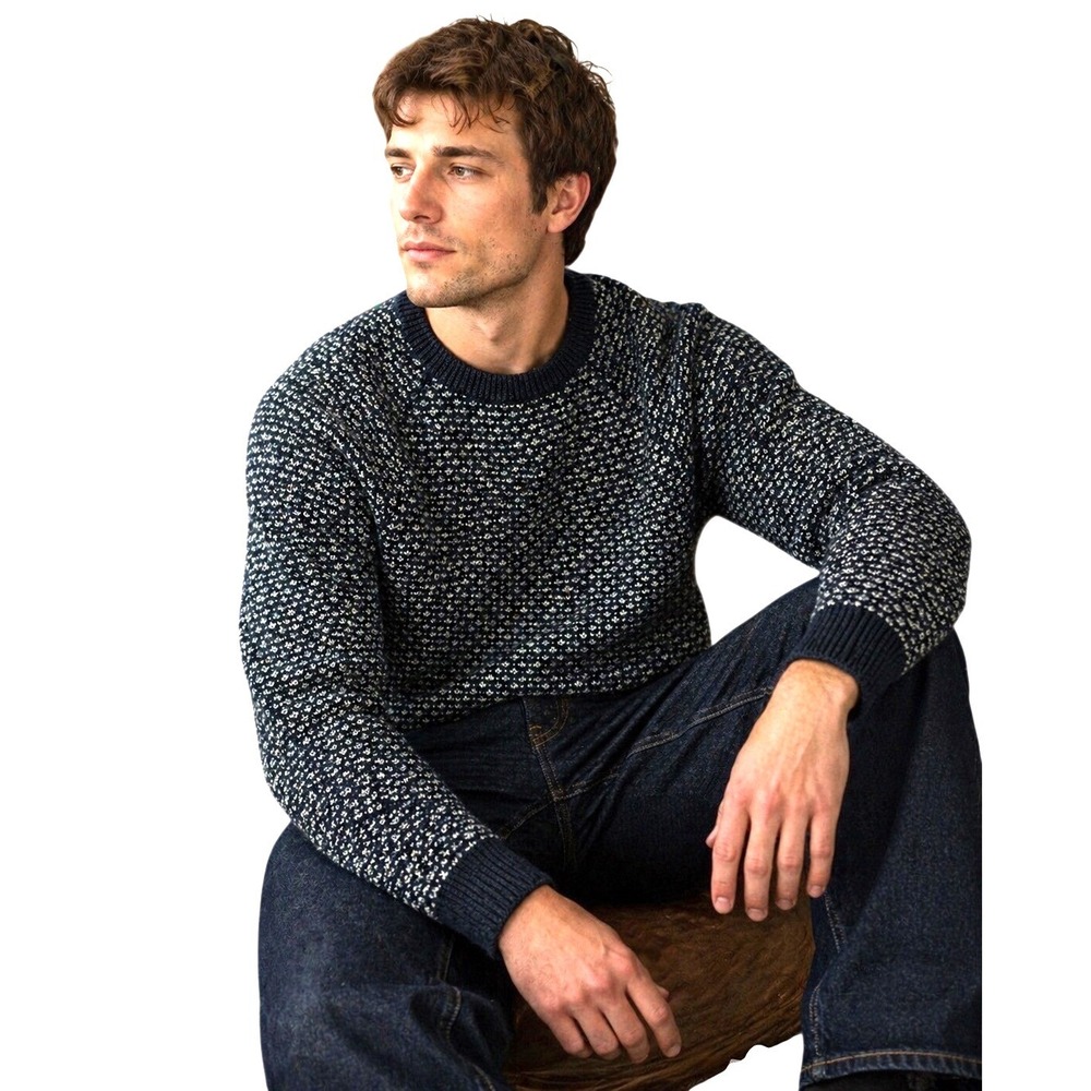 Faherty Mens Donegal Indigo Birds Eye Knit Cotton Wool Crewneck Sweater  L ii07